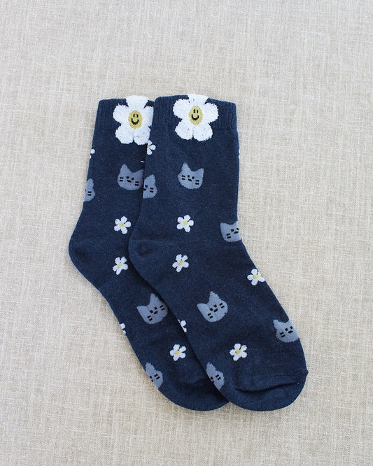 chaussettes chat bleu marguerites